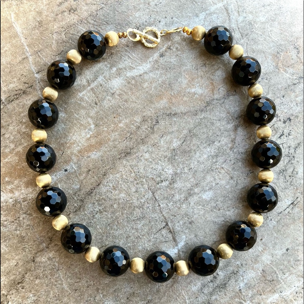 Classic Chic Necklace Black Agate and Vintage Italian Gold Filled Brushed Beads
